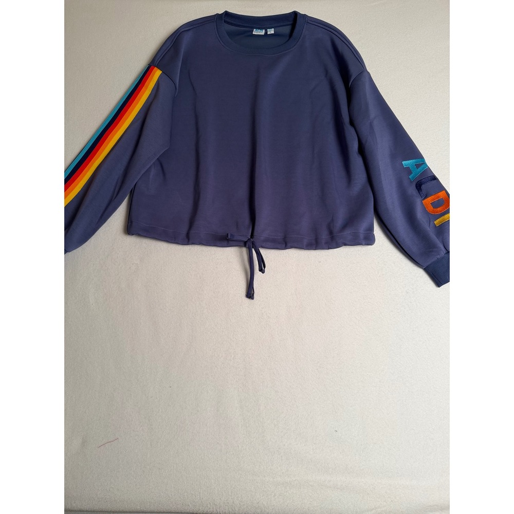 Aldi Gear Womens Large Navy Blue Rainbow Stripe Cropped Pullover Sweatshirt L
